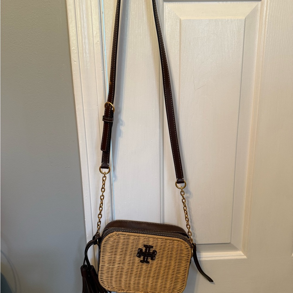 Tory Burch Tan Wicker Crossbody with Dark Brown Leather Trim